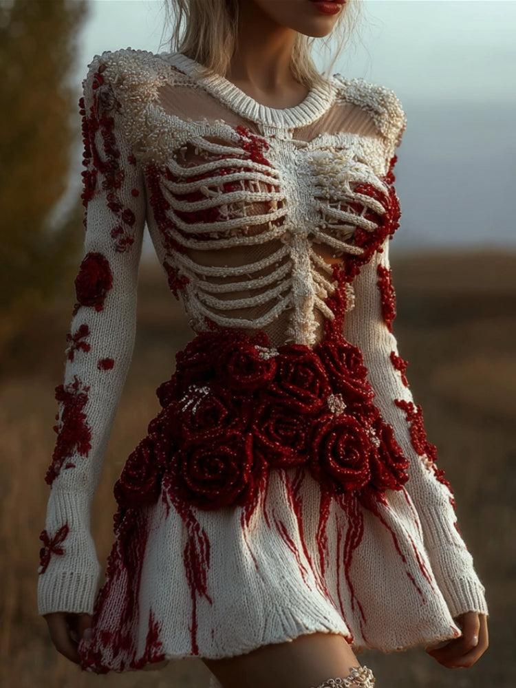 Long-sleeved Floral 3D-printed Dress With A Round Neckline