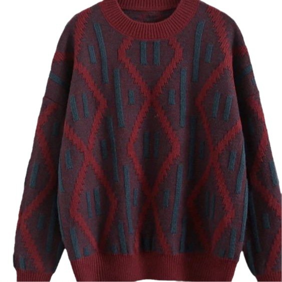 Rhombus Contrast Color Pullover Heavy Industry Sweater For Women