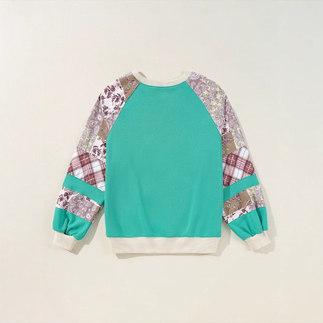 Blomstret Patchwork Løs Rundhalset Sweater Afslappet Løs