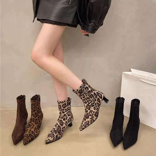 Slim High-heel Leopard Print Pointed Toe Stylish Short Boots For Women