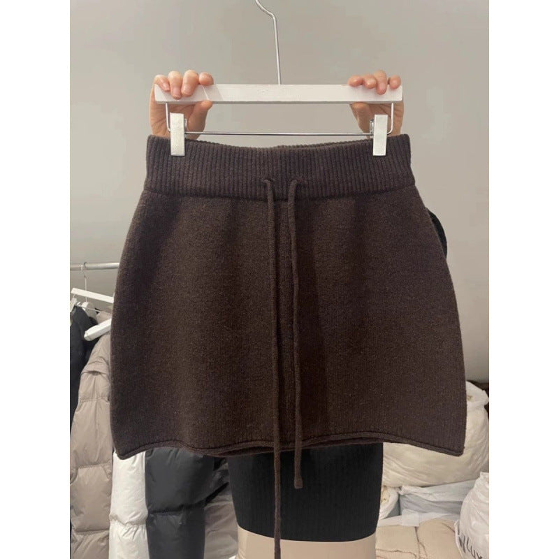 Western Style Elastic Waistband Lace-up Knitted Skirt