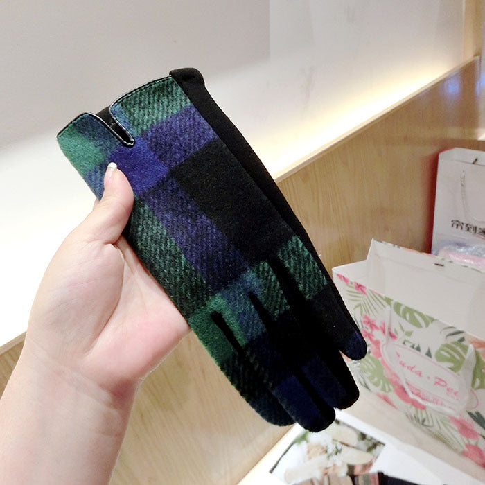 Color Plaid Wool Plus Velvet Thick Five-finger Gloves