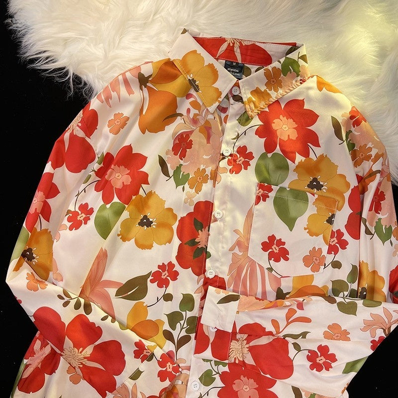 Pu Shuai Japanese-style Retro Hong Kong Style Printed Shirt Long Sleeve