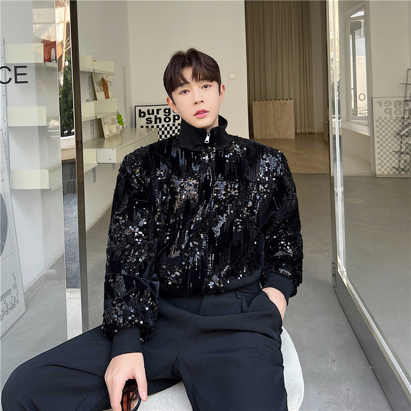 Fried Street Glitter Sequin Jacquard Small Stand-up Collar Jacket For Men