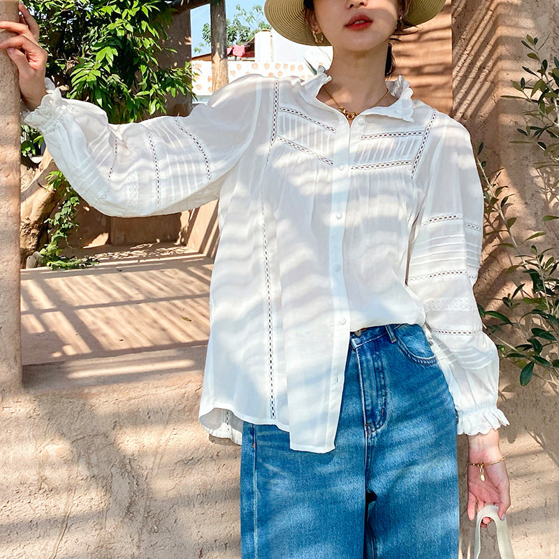 French Style White Shirt Women's Long Sleeve Elegant Cotton Loose