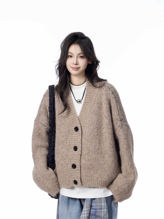 V-neck Knitted Cardigan Coat Women's Idle Style Loose Sweater