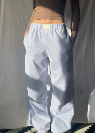 Vertical Stripes Stitching Waist Elastic Wide Leg Pants Fake Two Pieces
