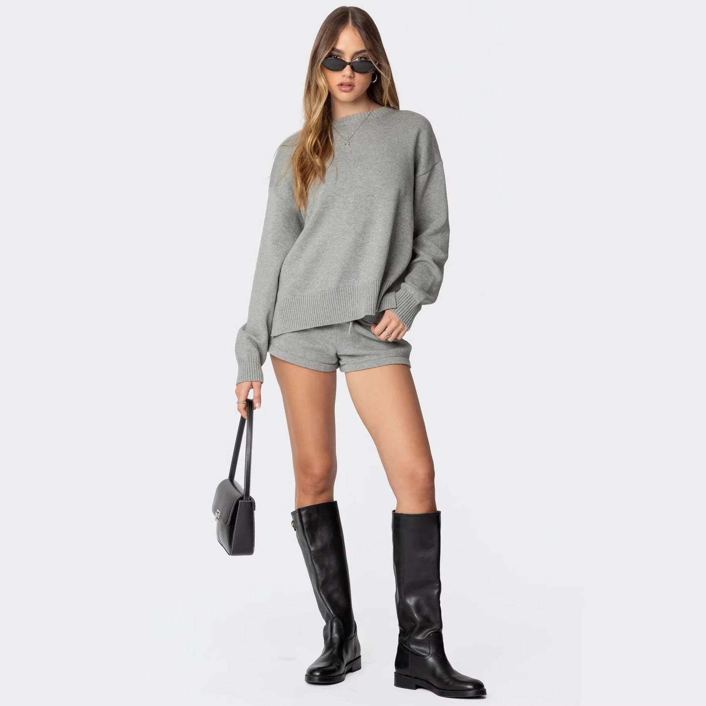 Round Neck Striped Knitted Women's Sweater Set