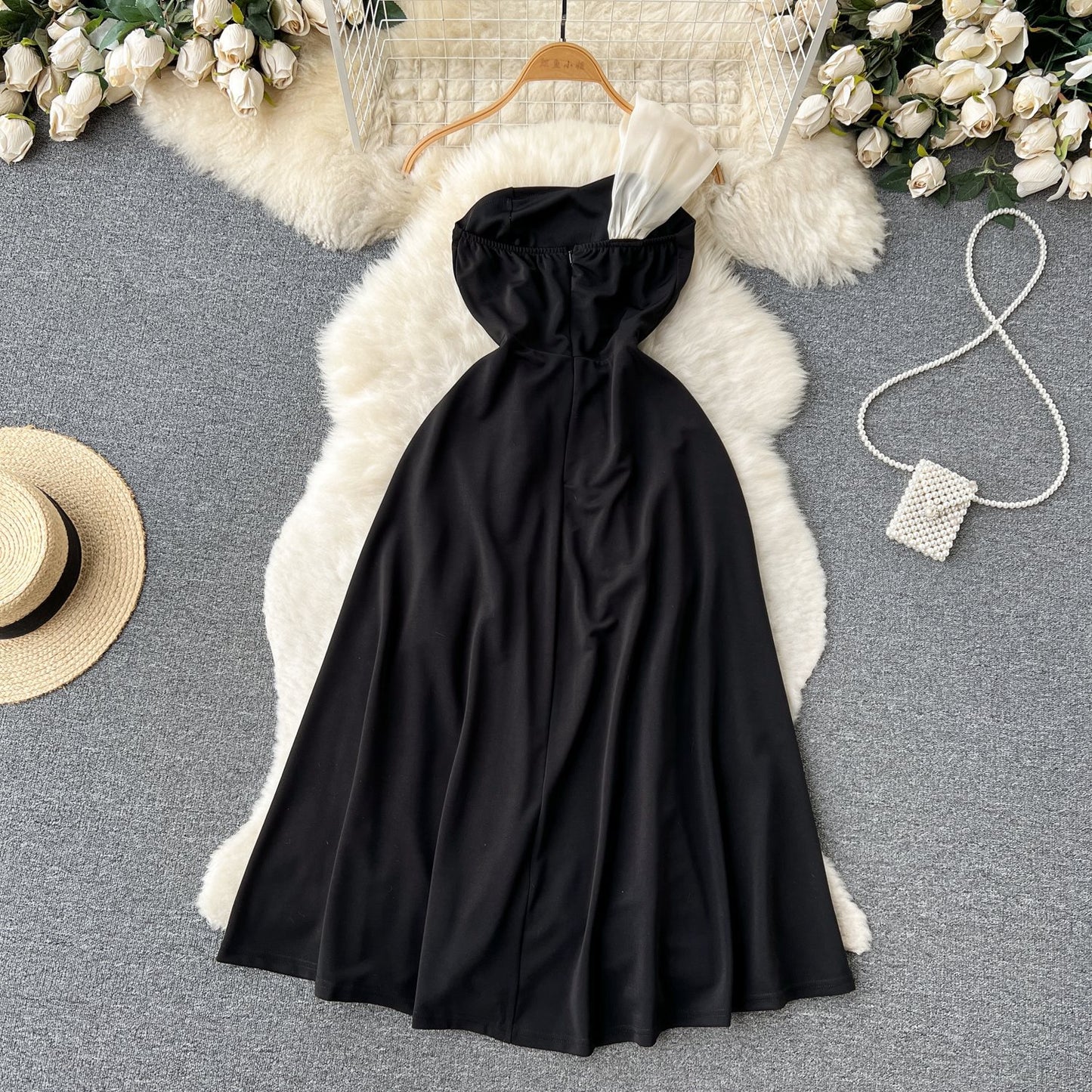 Black And White Contrast Color Slim Fit Waist A- Line Princess Dress