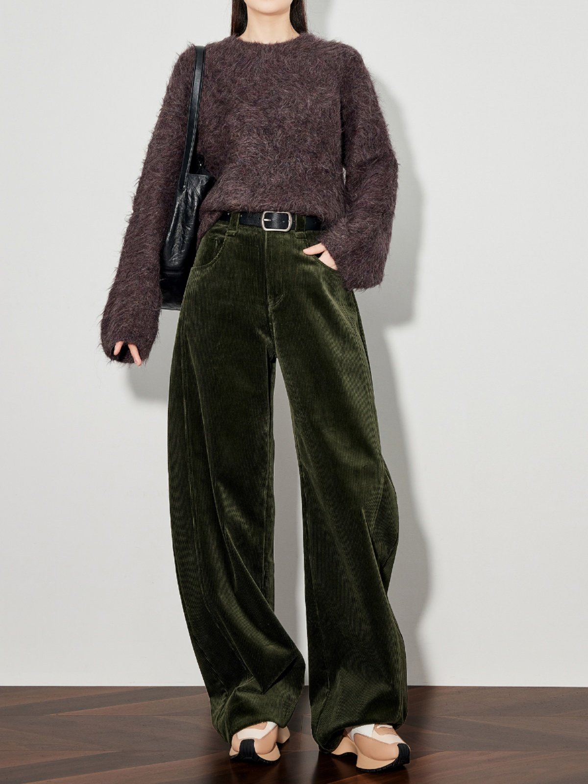Womens Green Corduroy Casual Pants Wide-leg Style