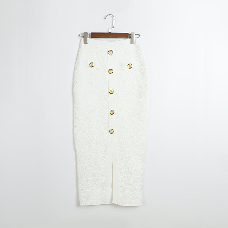 French-style Solid-color Knitted Three-piece Set With A Forked Skirt