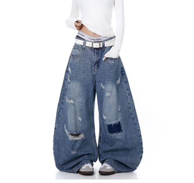 Women's Distressed Patch Washed Curved Blade Jeans
