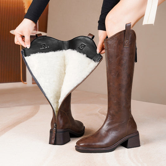 Womens Fleece-Lined Soft Leather Wool Knee-High Boots