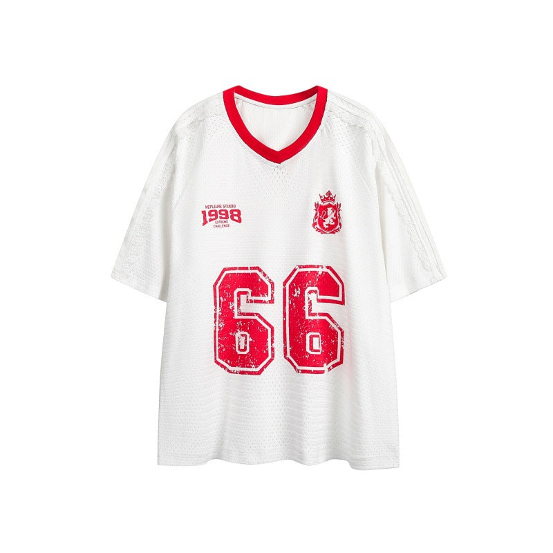 Summer Retro Distressed Contrast Color V-neck Loose All-match Sports Short Sleeve