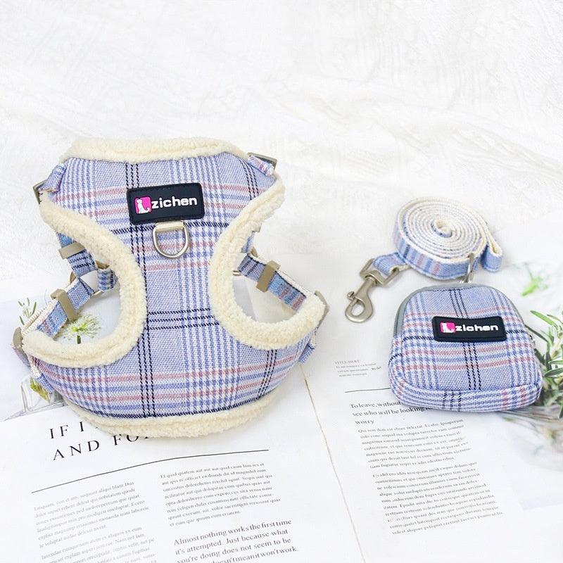 Dog Leash Vest With Plaid And Fleece Lining