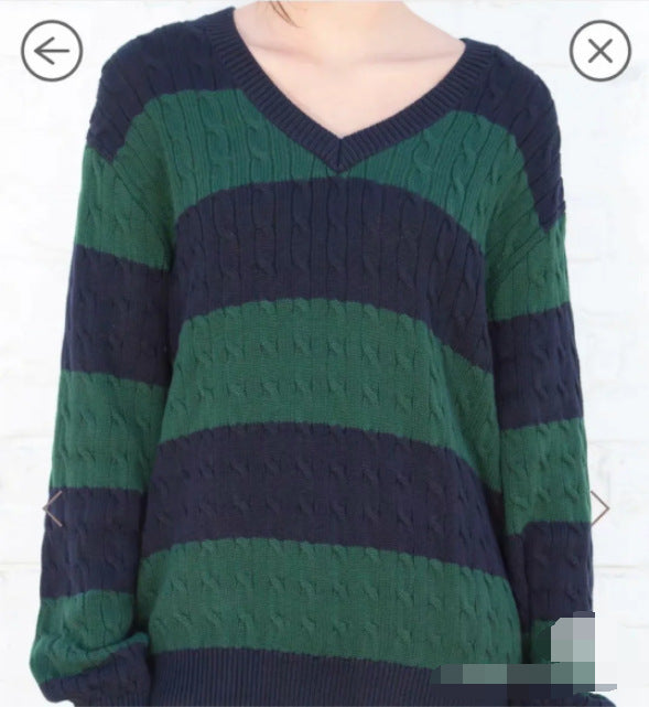 Striped Twist Sweater V-Neck Loose Knit Pullover