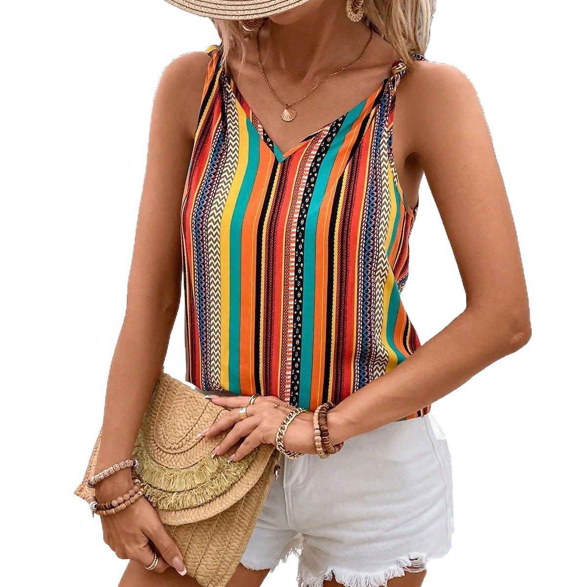 Strapped Striped Colorful V-Neck Casual Comfortable Sleeveless T-Shirt