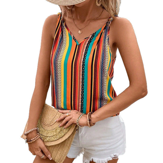 Strapped Striped Colorful V-Neck Casual Comfortable Sleeveless T-Shirt
