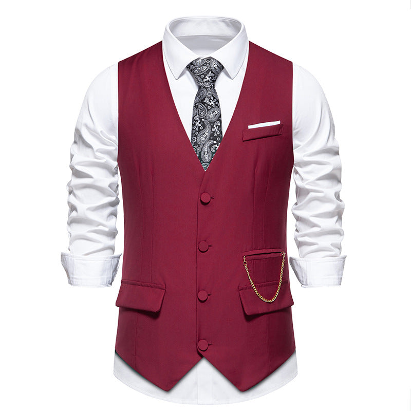 New Men's Solid Color Suit V-neck Single Breasted Chain Vest