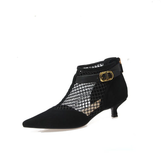 Hollow Low-heeled Net Boots Sheepskin Pointed-toe Stiletto Sandals