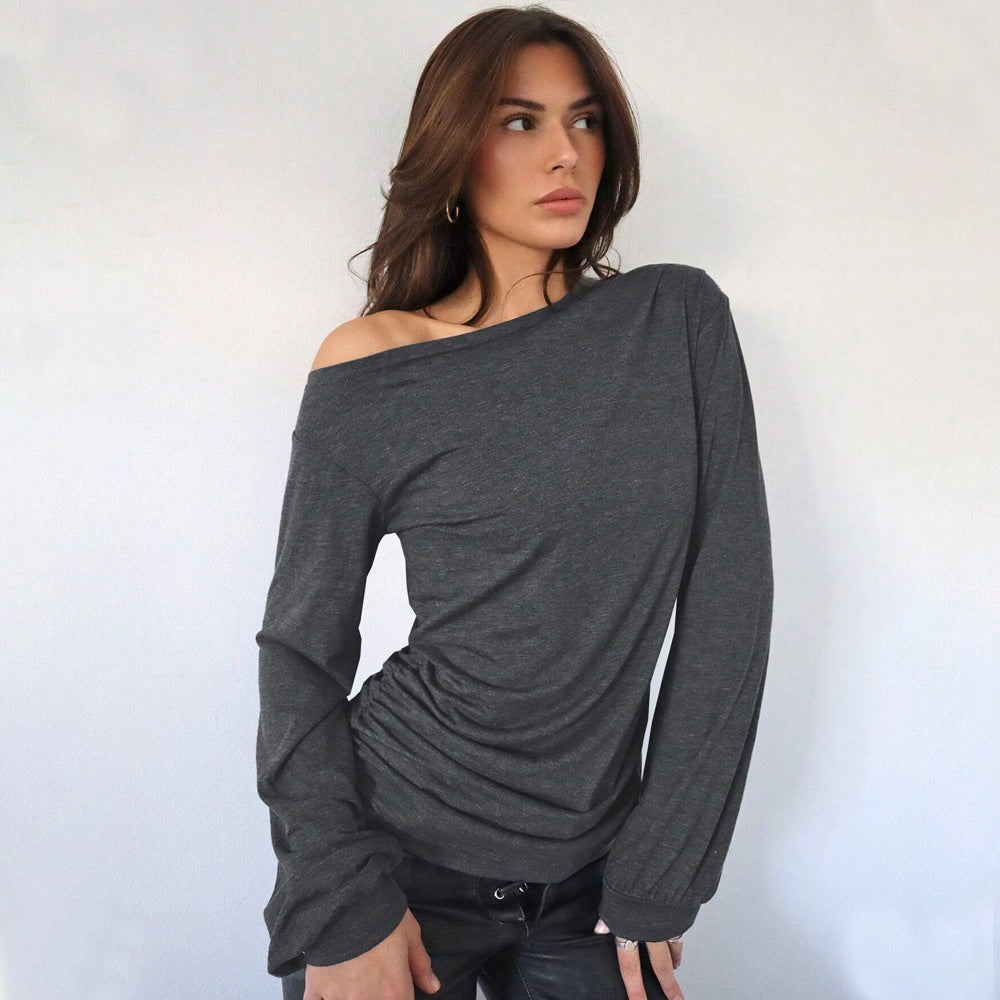 Women's Casual Fashion Trend T-Shirt AutumnWinter Stylish Versatile Loose Slim-Fit Diagonal Collar Top