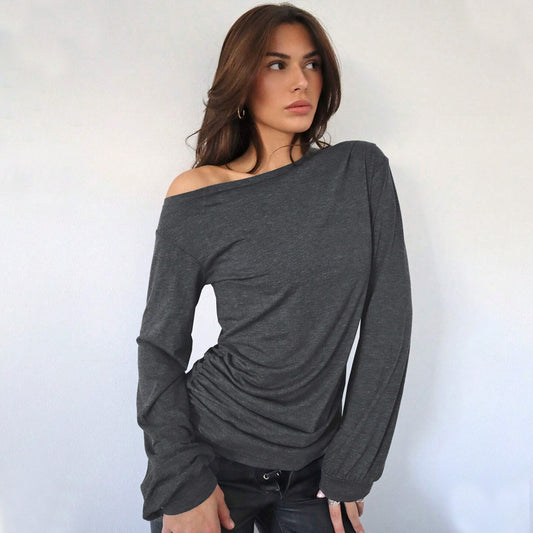 Women's Casual Fashion Trend T-Shirt AutumnWinter Stylish Versatile Loose Slim-Fit Diagonal Collar Top