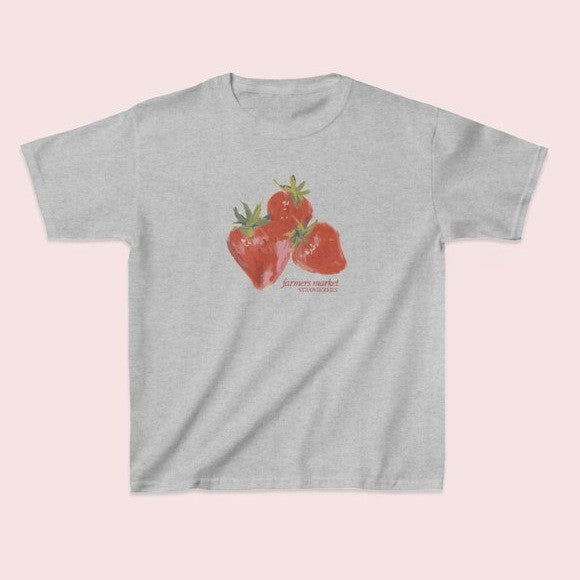 Kortærmet Street Casual T-shirt Top med Jordbærprint og Rund Hals