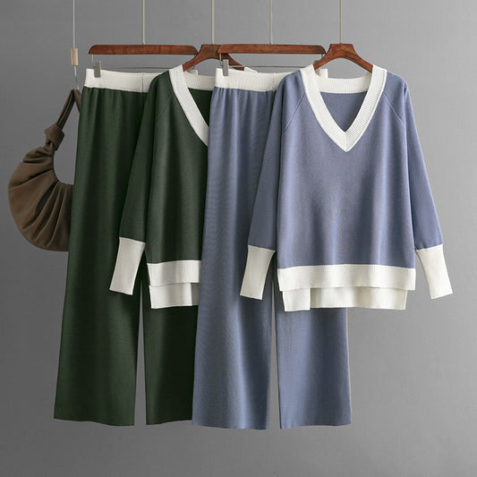 Women's V-collar Contrast Color Knitted Loose Wide-leg Pants Two-piece Set