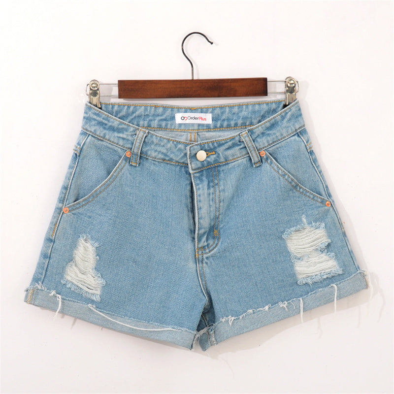 Afslappet Temperament Denim Råkant Høj Talje Vasket Denim Shorts