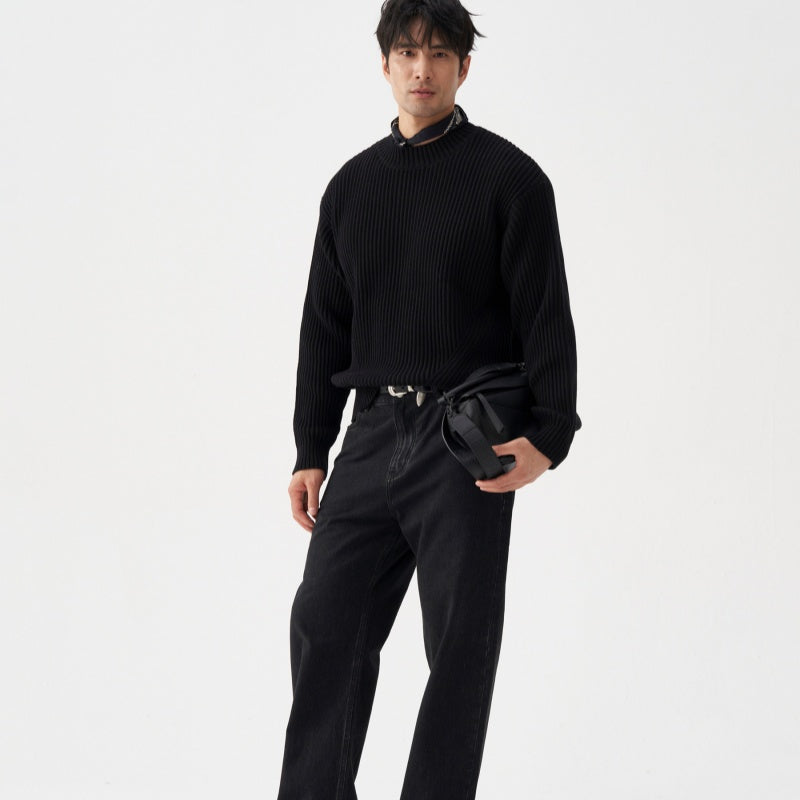Mens Organic Cotton Ribbed Chunky-Knit Crew-Neck Sweater From Xinjiang