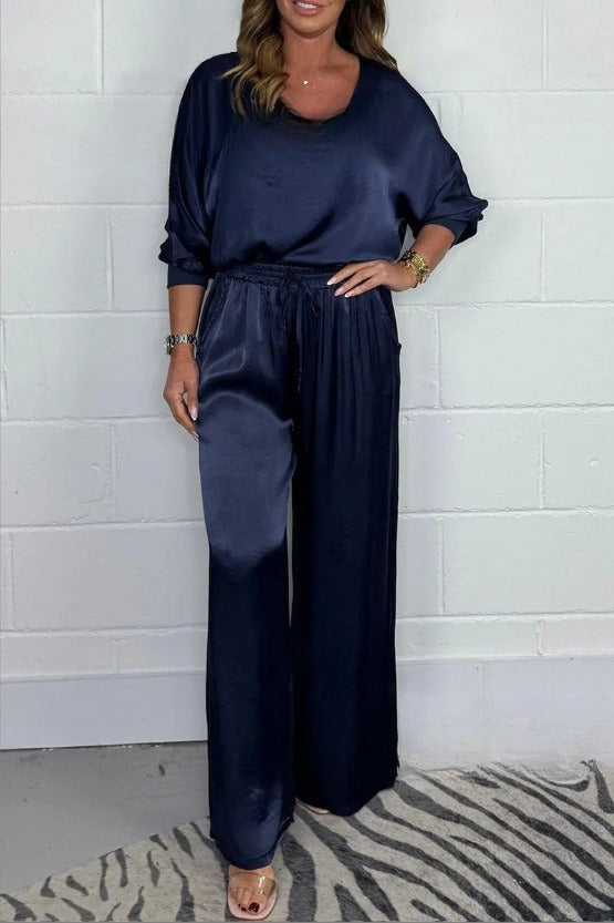 Fashion Women's Wear V-neck Long Sleeve Top Wide Leg Pants Suit