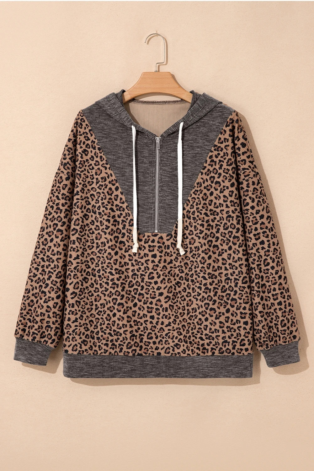 Khaki Ribbet Leopardprint Kontrastfarvet Krave Med Lynlås Hættetrøje