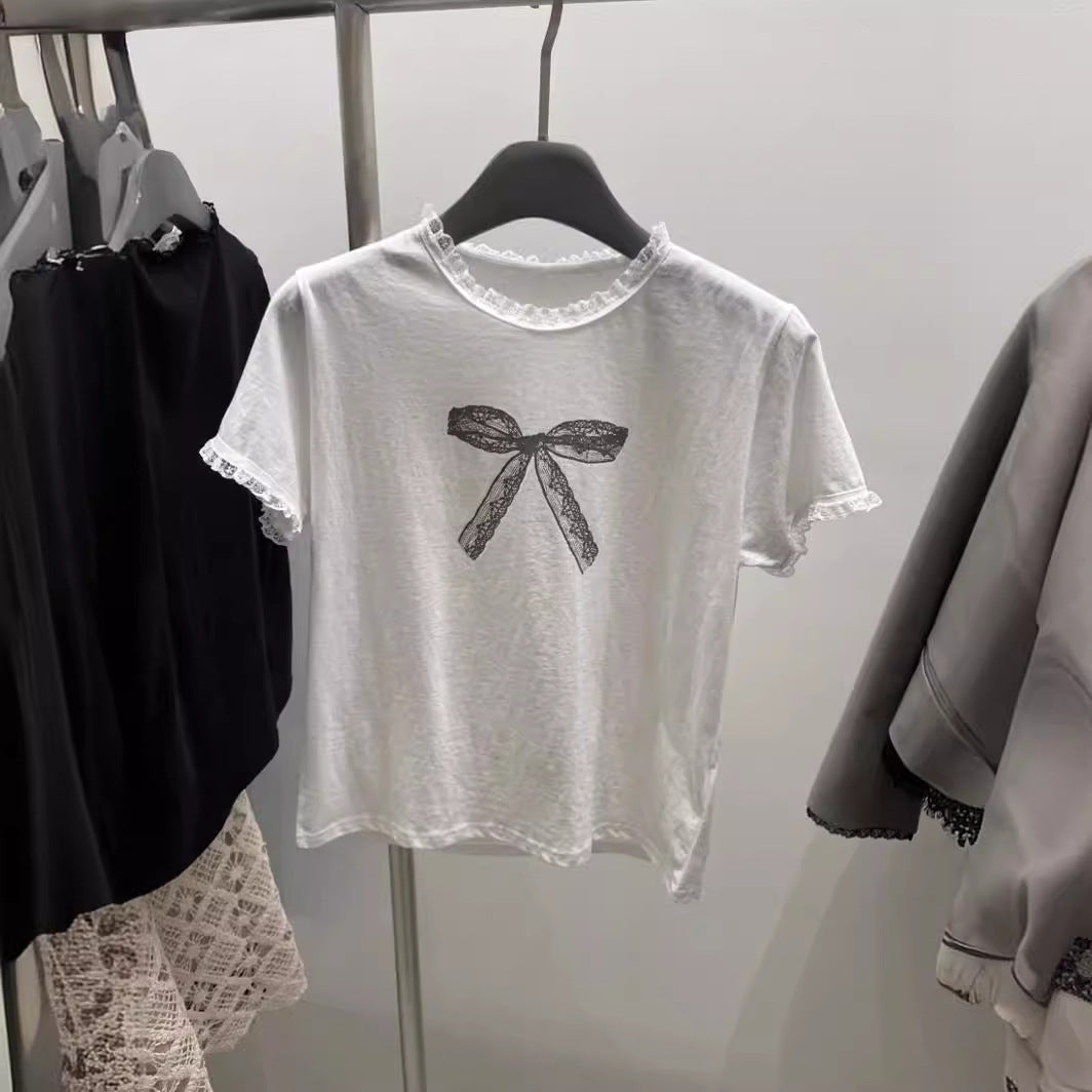 Lace Stitching Bow Printed Round Neck Short Sleeve