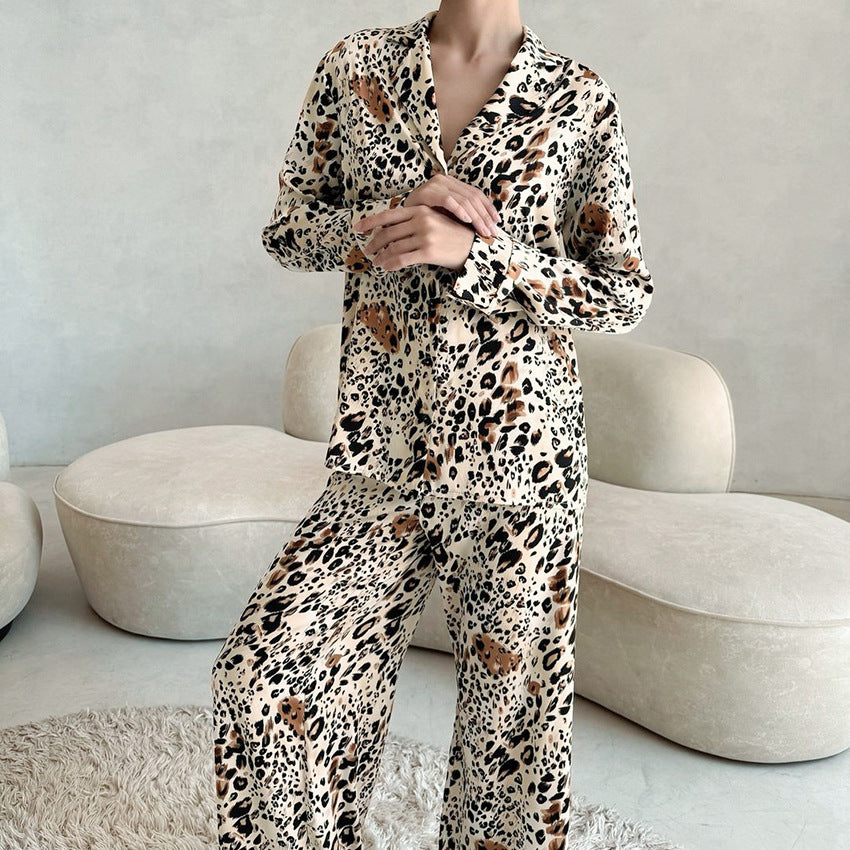 Leopard Print Floral Cardigan Pajamas For Women Long Sleeve Top And Pants For Lounging At Home
