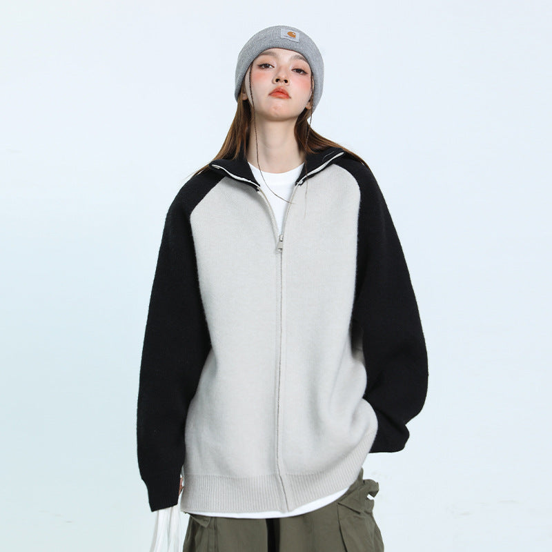 Japanese-style Retro Gray Black Stand Collar Zipper Contrast Color Coat