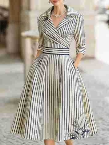 Printed V-neck Long-sleeve Dress Women