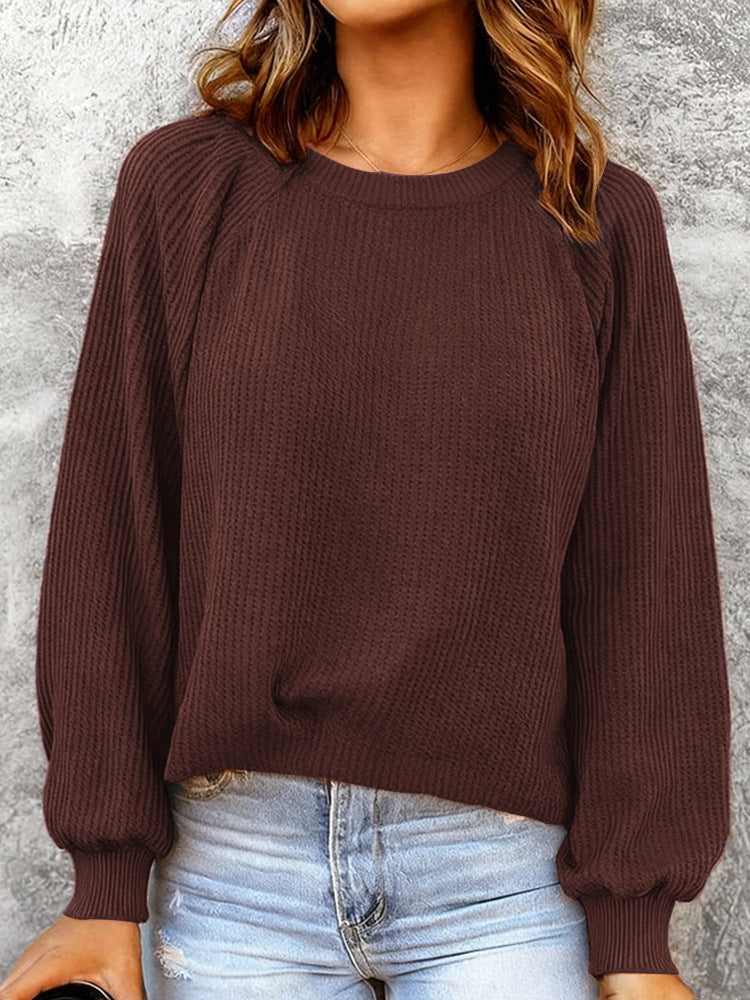 Fashionable Solid-Color Waffle-Knit Long-Sleeve Pullover Top