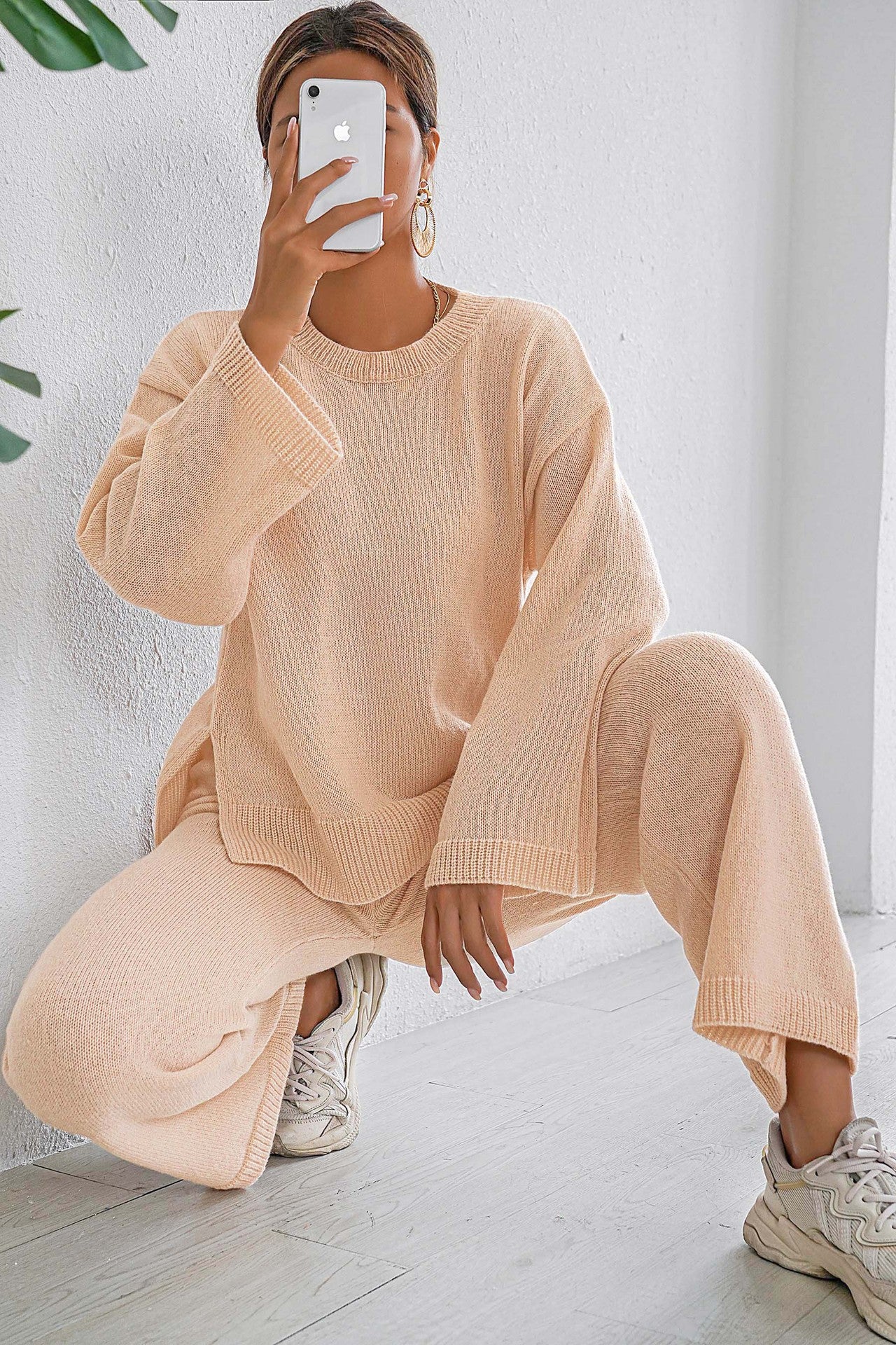 Loose Comfort And Casual Pullover Sweater Straight Wide Leg Pants Trousers Two-piece Set