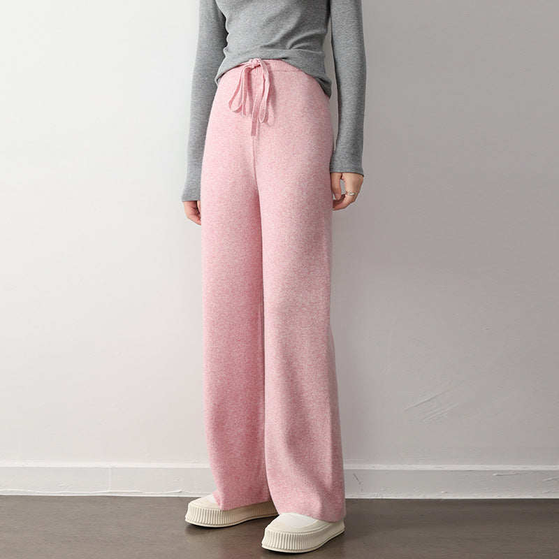 Stretch Elastic Waistband Lace-up Straight Wide-leg Pants