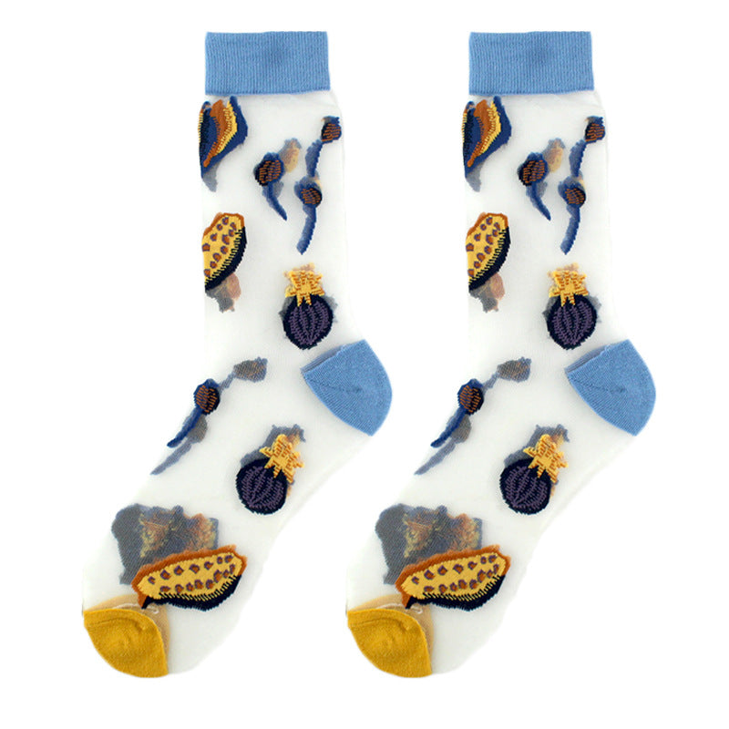 Thin Mid Tube Fashion Style Flower Forest Glass Stockings