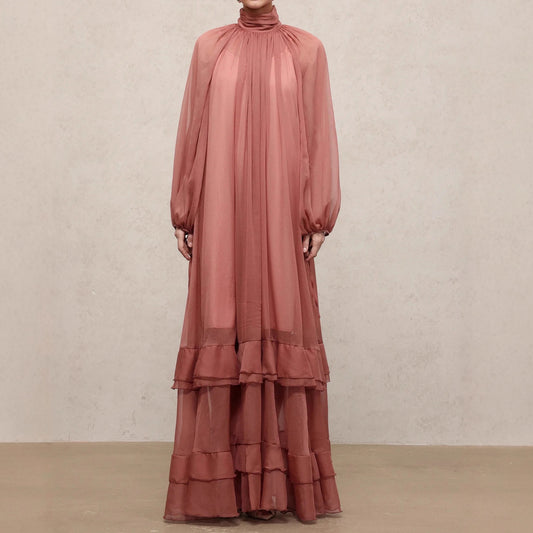 Womens Fashion Ruffle-Trim High-Neck Long-Sleeve Dress