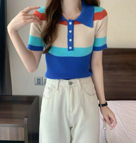 Color Stitching Lapel T-shirt Slim Fit And Slim Short Sleeves