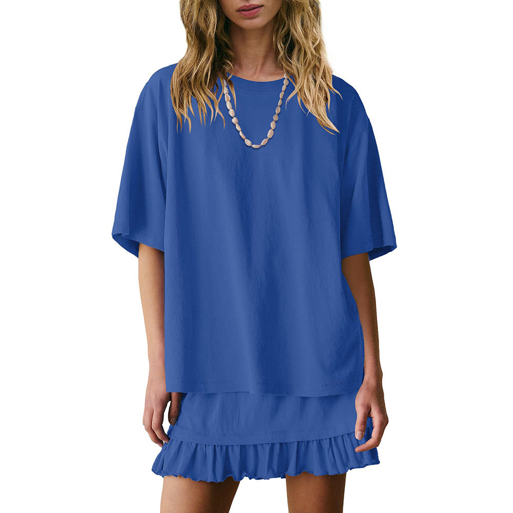Women's Casual Two-piece Set Crew-neck Short-sleeve Top And Skirt