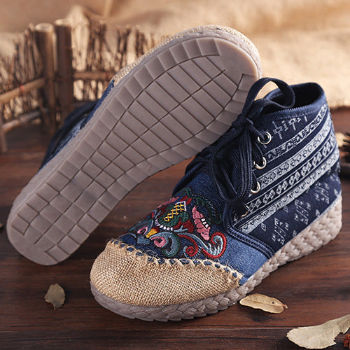 Ethnic Style Embroidered Shoes Lace-up Flat-heel Women's Shoes