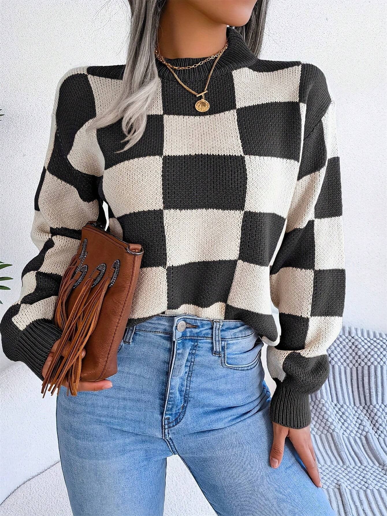 Contrast Color Checkerboard Loose And Lazy Style Stitching Sweater