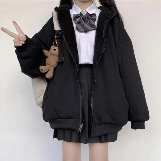 Casual Loose Versatile Zip Solid Hooded Jacket
