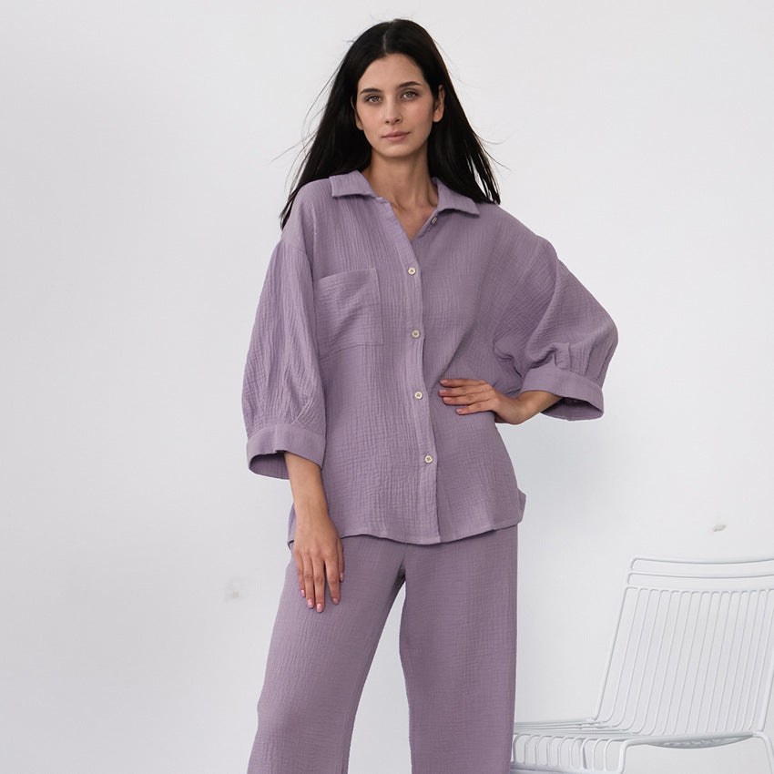 European And American Crepe Pajama Set Loose-fitting Shirt And Trousers