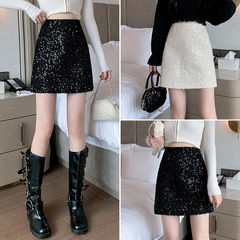 Sequined Skirt High Waist Black Sheath A- Line Skirt