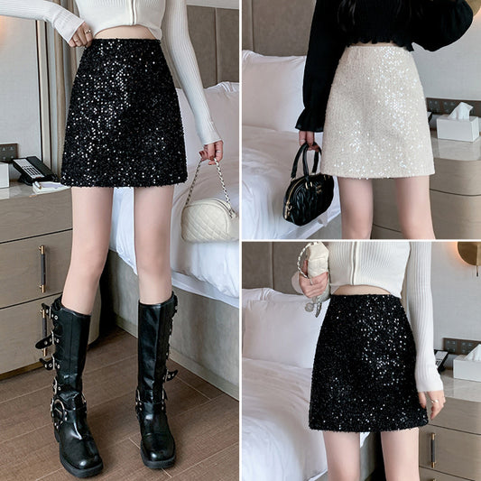 Sequined Skirt High Waist Black Sheath A- Line Skirt