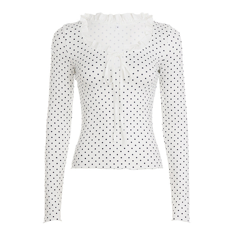 Womens New Arrival Ruffle-Trimmed Polka-Dot Long-Sleeve T-Shirt